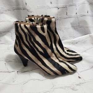 Cavallini Zebra Print Ankle Boots Womens Size 36 Calf Hair Tan Black Kitten Heel